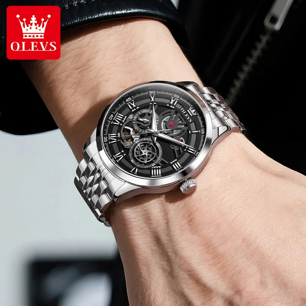 OLEVS Original Skeleton Mechanical Roman Numeral Watch Automatic Luxury Watch Stainless Steel Watches For Men Waterproof 7076