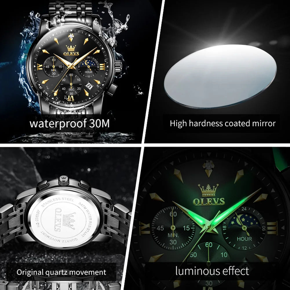 OLEVS 3639 Top Brand Original Quartz Watch Multifunctional Chronograph Watch For Men Waterproof Luminous Moon Phase Watch New