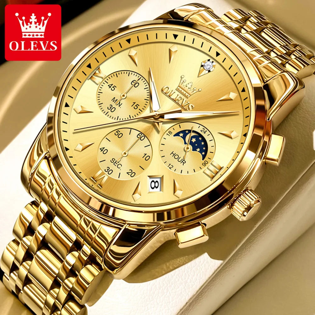 OLEVS 3639 Top Brand Original Quartz Watch Multifunctional Chronograph Watch For Men Waterproof Luminous Moon Phase Watch New