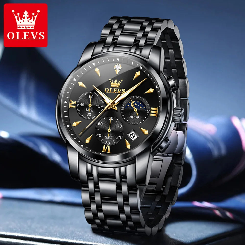 OLEVS 3639 Top Brand Original Quartz Watch Multifunctional Chronograph Watch For Men Waterproof Luminous Moon Phase Watch New