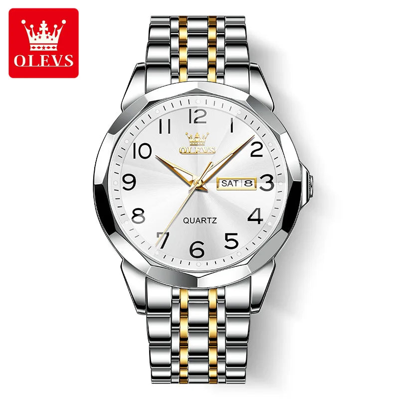 OLEVS Original Luxury Brand Watch for Men Waterproof Silver Stainless Steel Classic Casual Quartz Wristwatch Date Week Man Gift