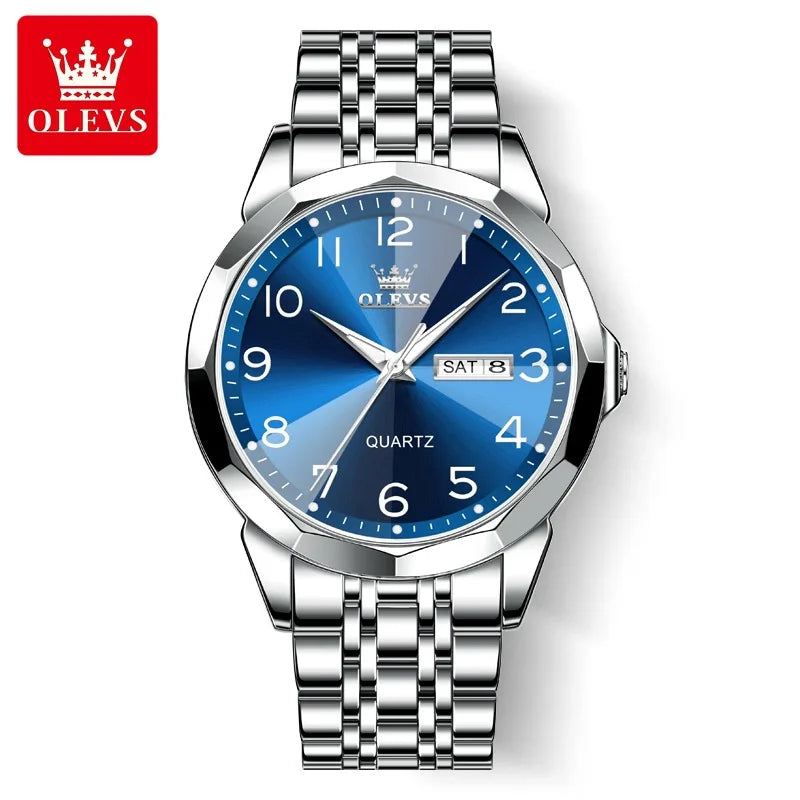 OLEVS Original Luxury Brand Watch for Men Waterproof Silver Stainless Steel Classic Casual Quartz Wristwatch Date Week Man Gift