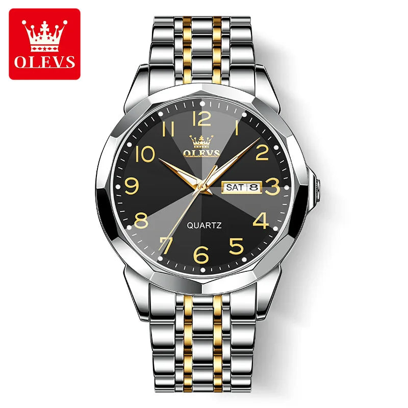 OLEVS Original Luxury Brand Watch for Men Waterproof Silver Stainless Steel Classic Casual Quartz Wristwatch Date Week Man Gift
