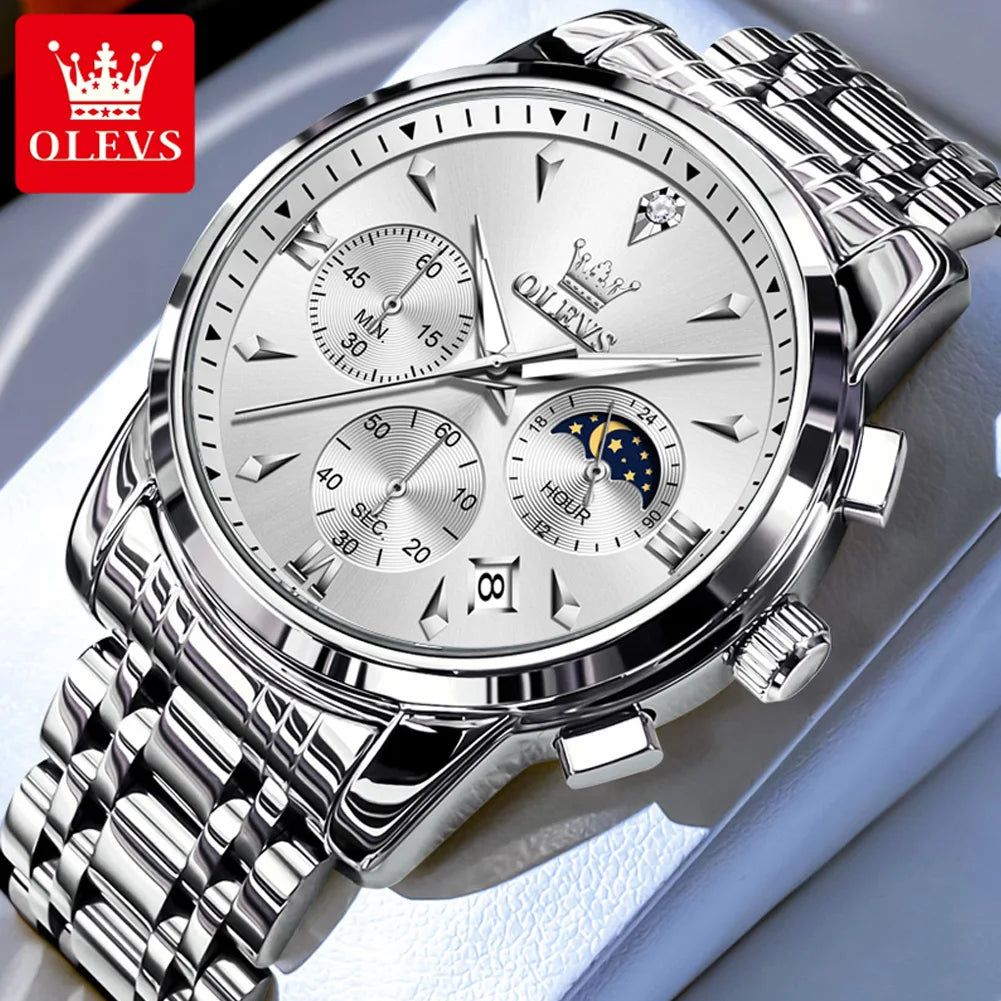 OLEVS 3639 Top Brand Original Quartz Watch Multifunctional Chronograph Watch For Men Waterproof Luminous Moon Phase Watch New