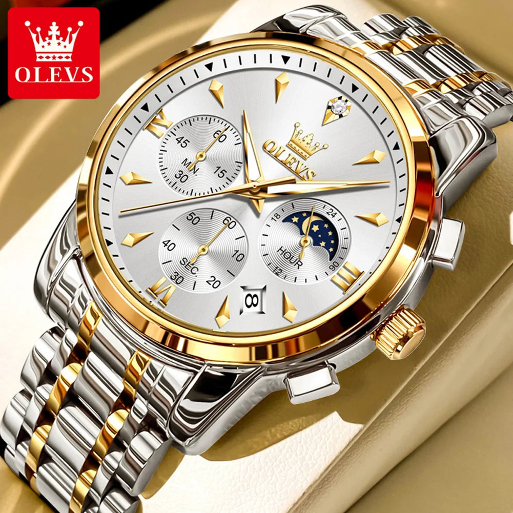 OLEVS 3639 Top Brand Original Quartz Watch Multifunctional Chronograph Watch For Men Waterproof Luminous Moon Phase Watch New