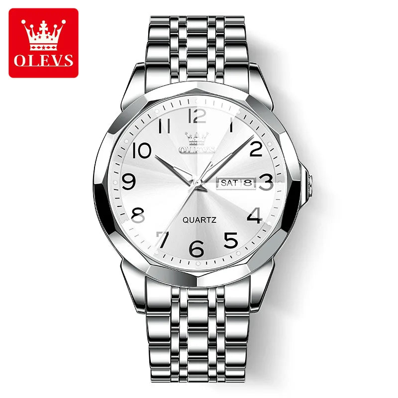 OLEVS Original Luxury Brand Watch for Men Waterproof Silver Stainless Steel Classic Casual Quartz Wristwatch Date Week Man Gift