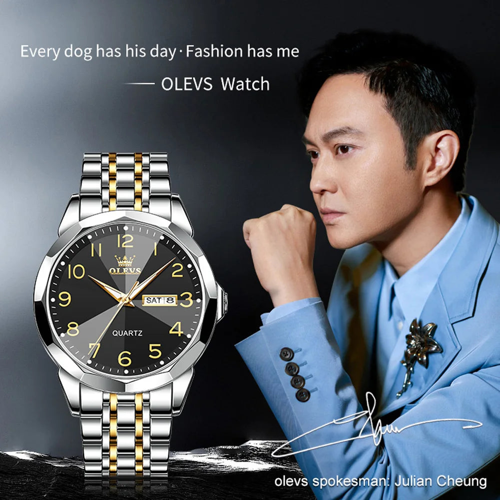 OLEVS Original Luxury Brand Watch for Men Waterproof Silver Stainless Steel Classic Casual Quartz Wristwatch Date Week Man Gift