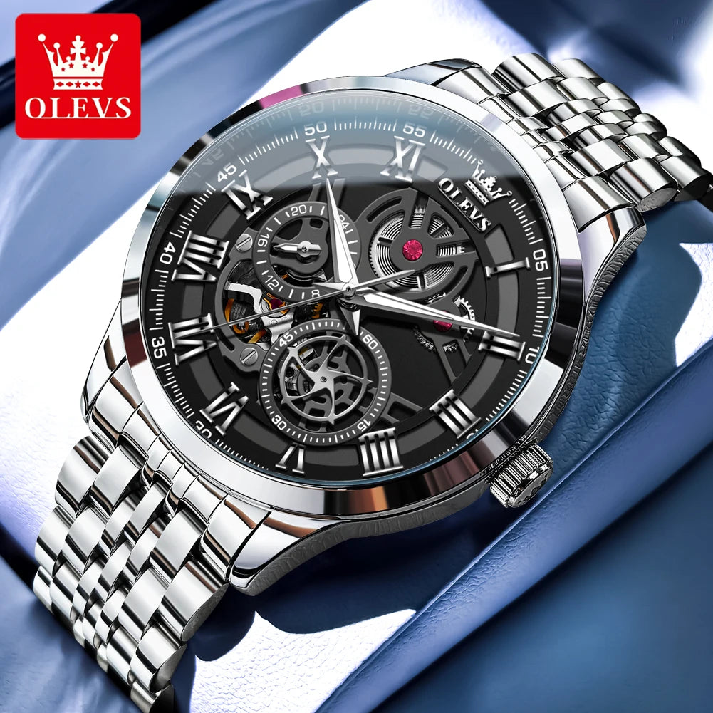OLEVS Original Skeleton Mechanical Roman Numeral Watch Automatic Luxury Watch Stainless Steel Watches For Men Waterproof 7076