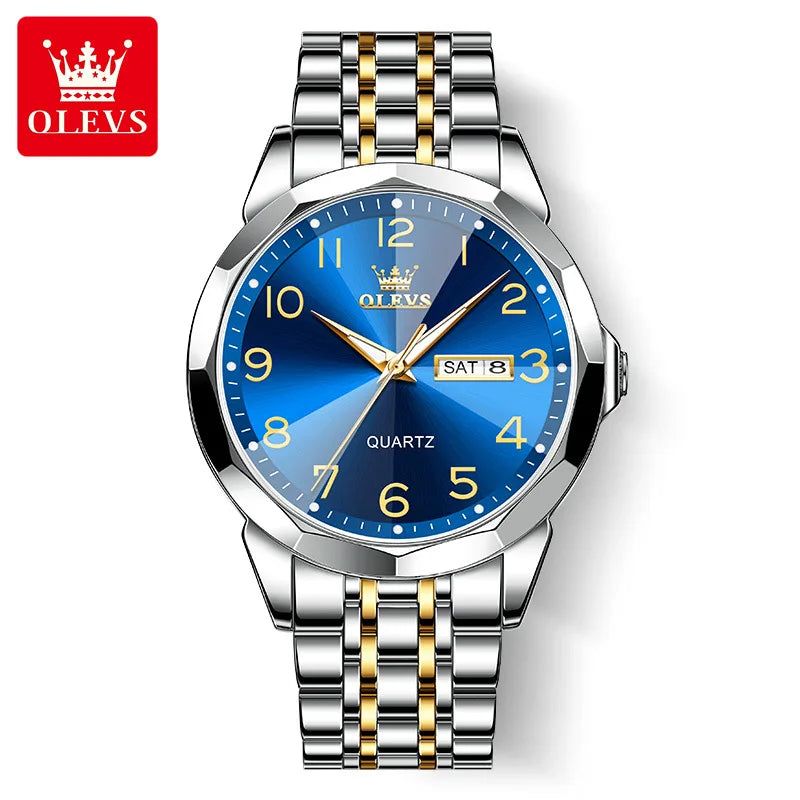 OLEVS Original Luxury Brand Watch for Men Waterproof Silver Stainless Steel Classic Casual Quartz Wristwatch Date Week Man Gift