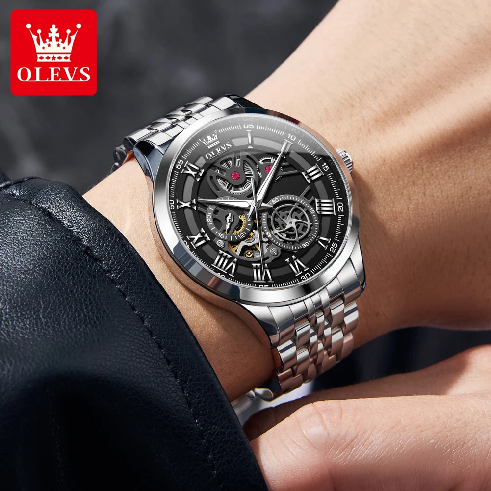 OLEVS Original Skeleton Mechanical Roman Numeral Watch Automatic Luxury Watch Stainless Steel Watches For Men Waterproof 7076