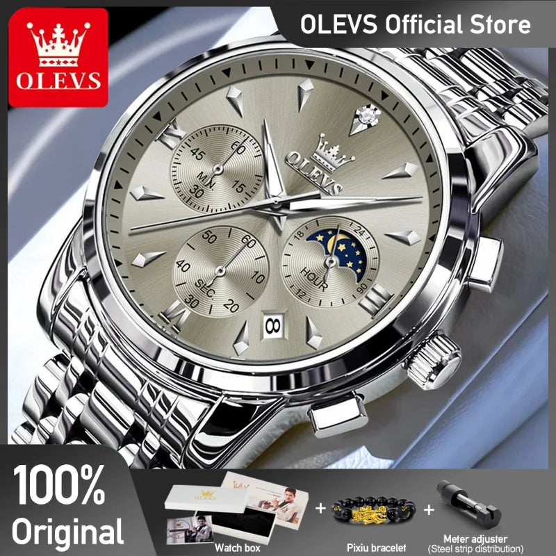 OLEVS 3639 Top Brand Original Quartz Watch Multifunctional Chronograph Watch For Men Waterproof Luminous Moon Phase Watch New